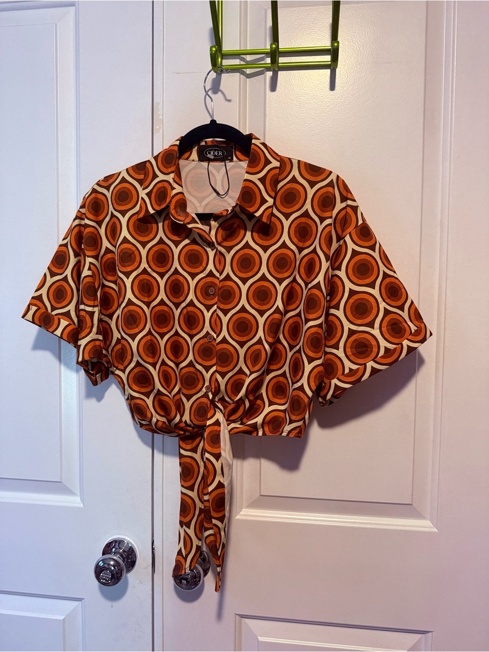 Two piece matching Cider Orange and Cream Geometric Tie-Front Button-Down Top